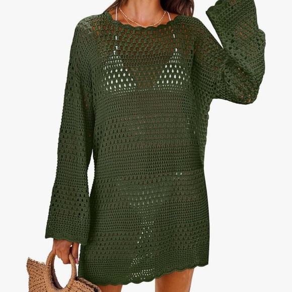 Olive Green Crochet Swim Cover-Up Dress - Picture 2 of 4